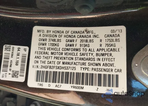 2013 Honda Civic Lx from USA, damaged, VIN 2HGFB2F5XDH537125